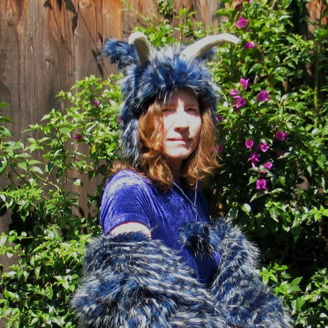 fur hats with animal ears. Faux Fur Hat with Horns and