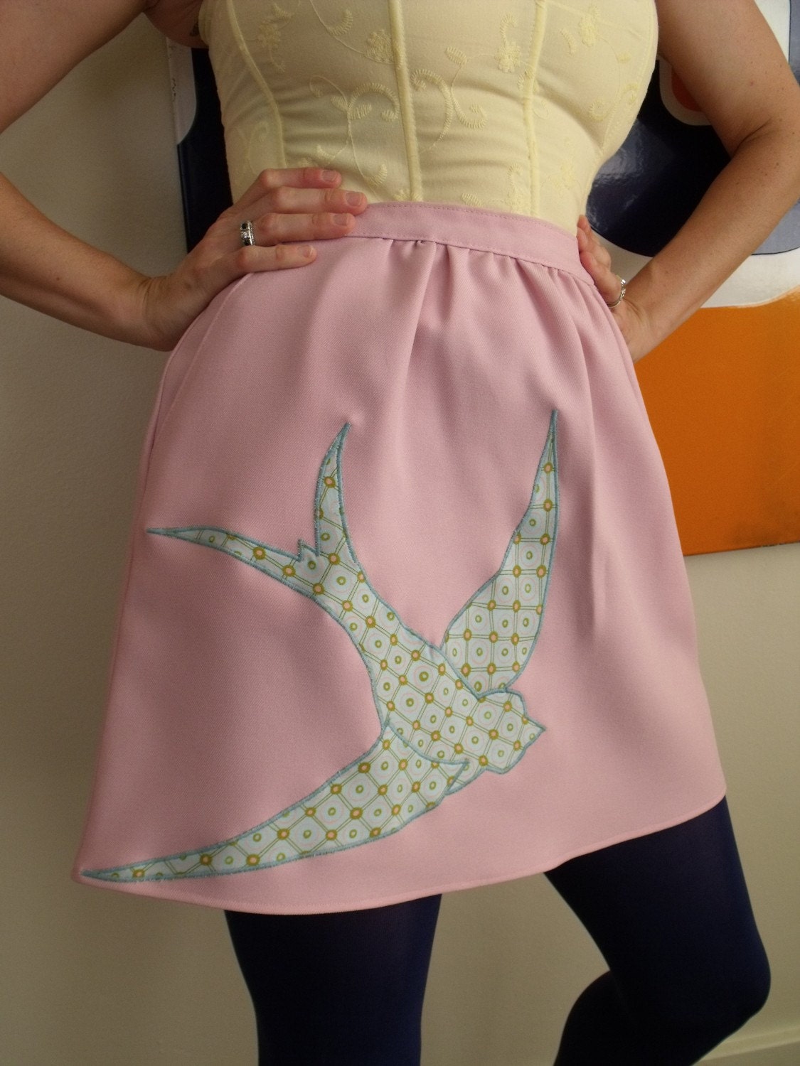 Vintage 1970's Skirt, Sparrow Applique, Pink, Medium