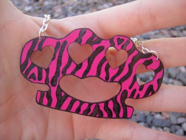 ON SALE Hot Pink and Black Zebra Tattoo Inspired Knuckle Duster Necklace