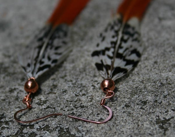 Wyoming - Copper Beaded Pheasant Feather Pierced Earrings. From bethNOUVEAU