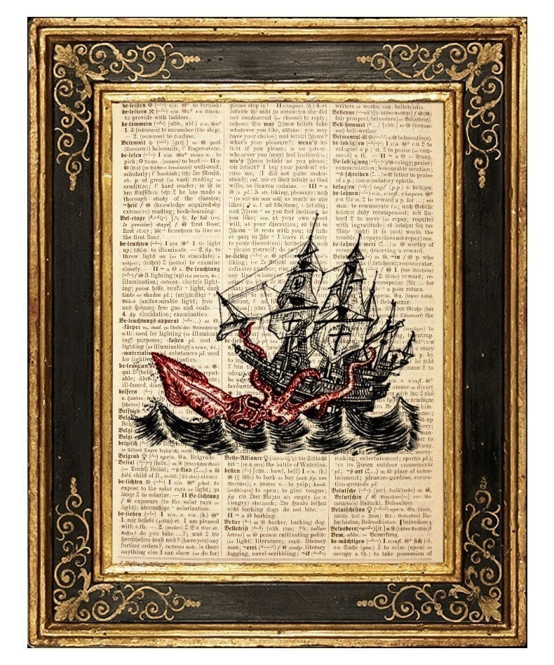Kraken Sea Monster. Attack of Kraken Sea Monster - Vintage Book Page Art Print FREE SHIPPING WORLDWIDE. From DreameryStudio