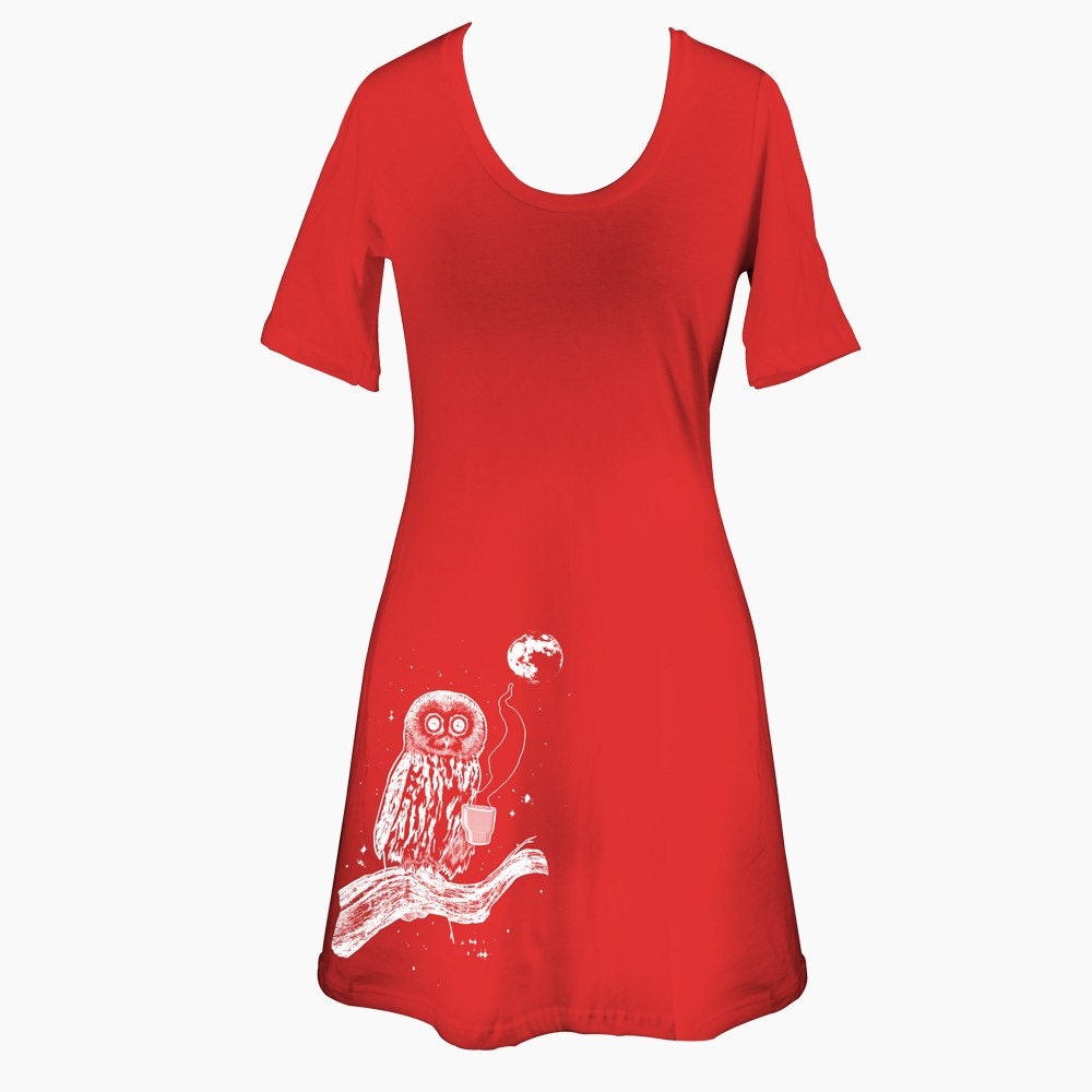 Coffee Owl Crewneck T-Shirt Dress - Sizes S M L