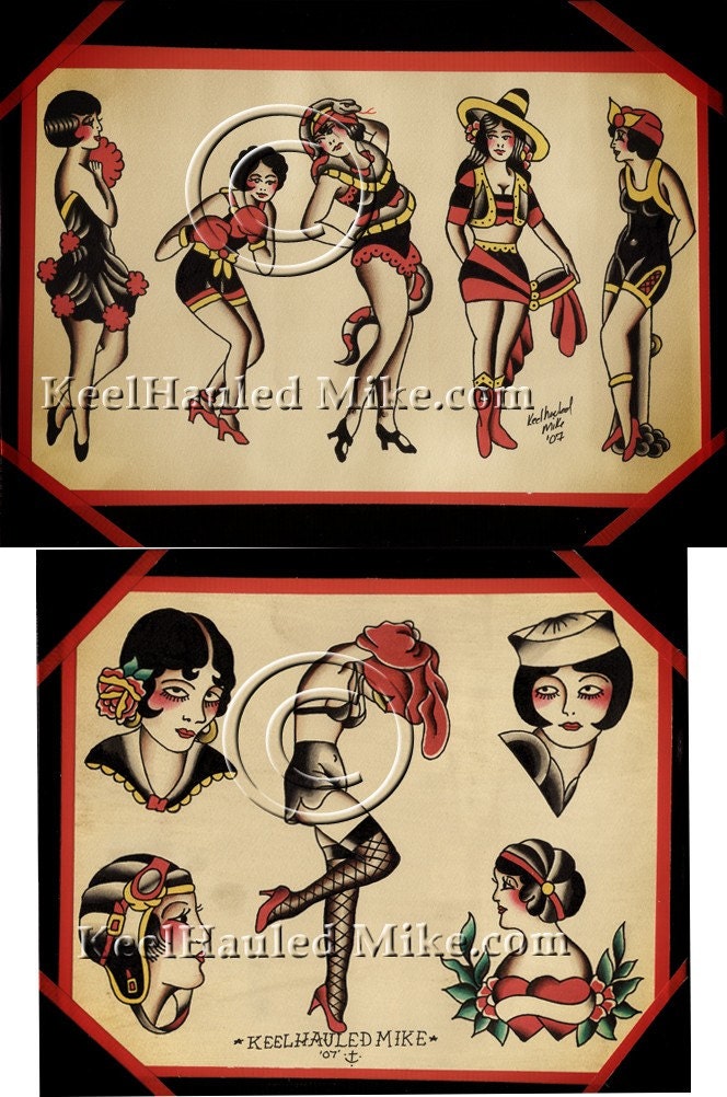 Tattoo Flash, Traditional American Tattoo Images, 6 Sheets of 11x14 on 