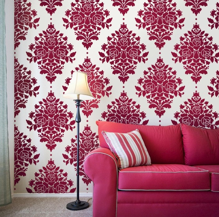 Damask Stencil Home Decorating Ideas Interior Design Wall paper Wallpaper Pink Hot Accent Wall Living room Livingroom Couch