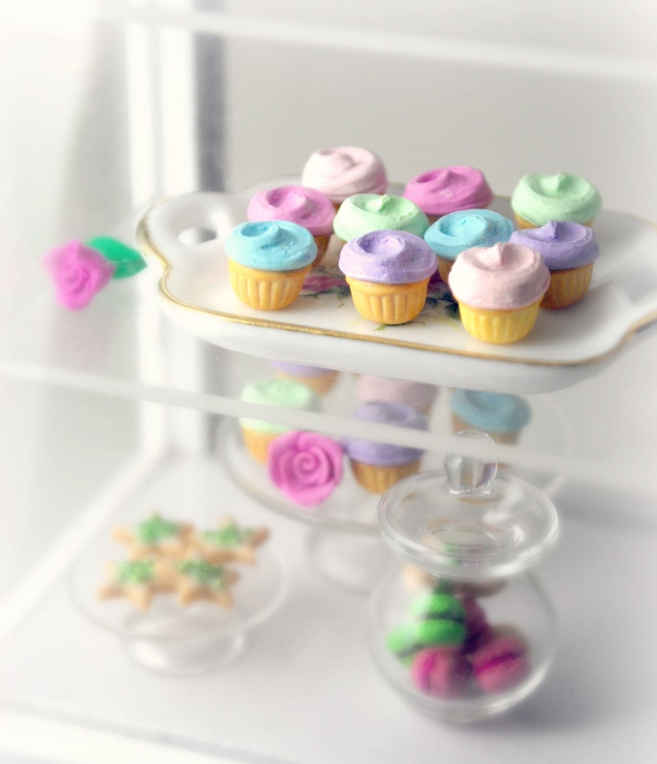 12th Scale Dollhouse Pastel Polymer Clay Cupcakes in a Porcelain Tray