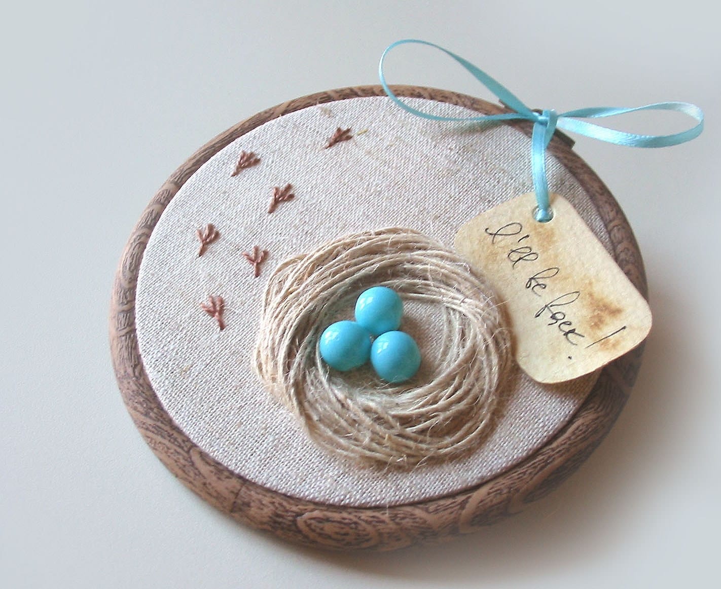 Organic Hand Embroidered Wall Hanging Nest with Robin Eggs- I WILL BE BACK - Free Worldwide Shipping