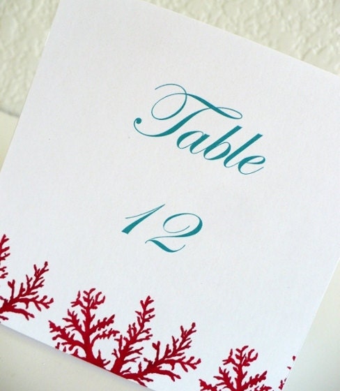 CORAL TABLE NUMBERS Red Branches Beach Wedding Tropical Destination 
