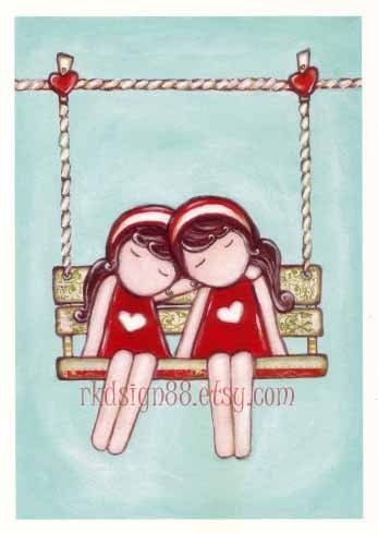 rkdsign88.blogspot.com etsy twin love sisters day dream painting fun illustration nursery drawing art print cute whimsical reproduction