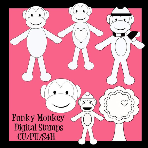 6 Funky Monkey in Black and white for Cards, stationary and paper
