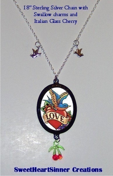  Retro Love Vintage Swallows Heart Tattoo Pendant with Swallow Charms and 