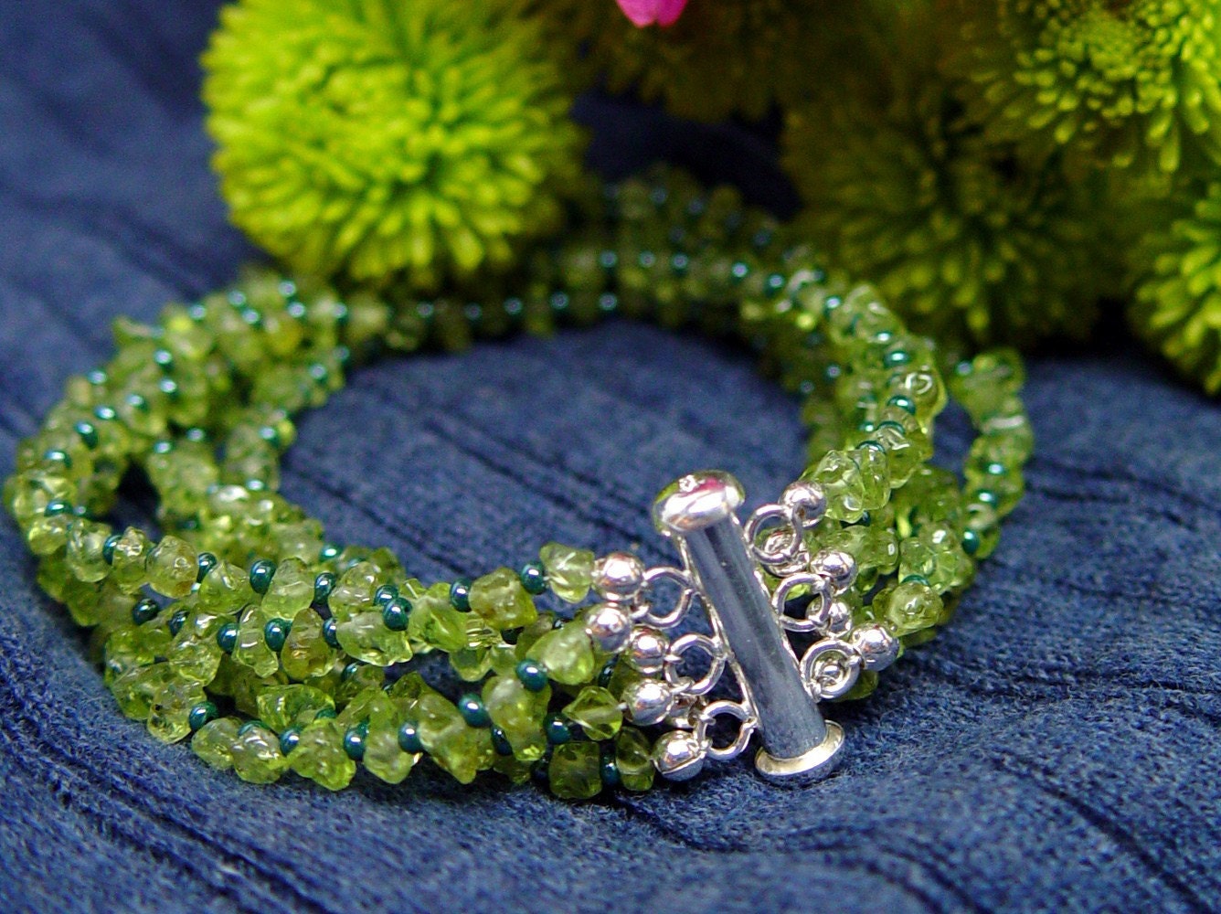 peridot and seed bead bracelet in sterling silver