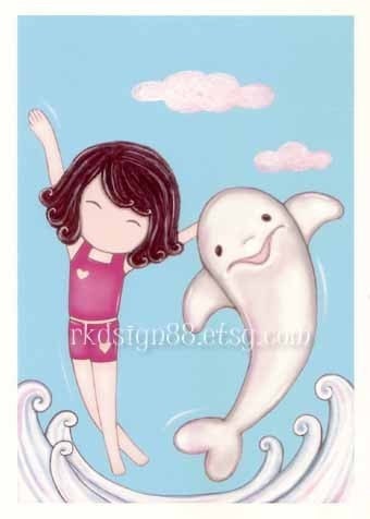 rkdsign88.blogspot.com etsy girl cute children painting fun illustration nursery drawing art print cute whimsical reproduction swim with dolphin dolphins