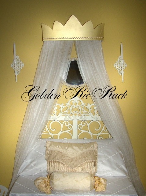 Fairy Princess Crown Canopy for Girls Bed Gold Rick Rac Trim with Netting