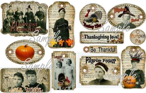 An new OLD set Thanksgiving Pilgrim Turkey Tags Collage art Sheets old photos