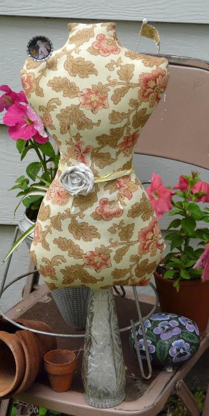 floral paris Large Mannequin Dress Form pinkeep - french fabric jewelry holder Pincushion Pin Keep primitive cushion