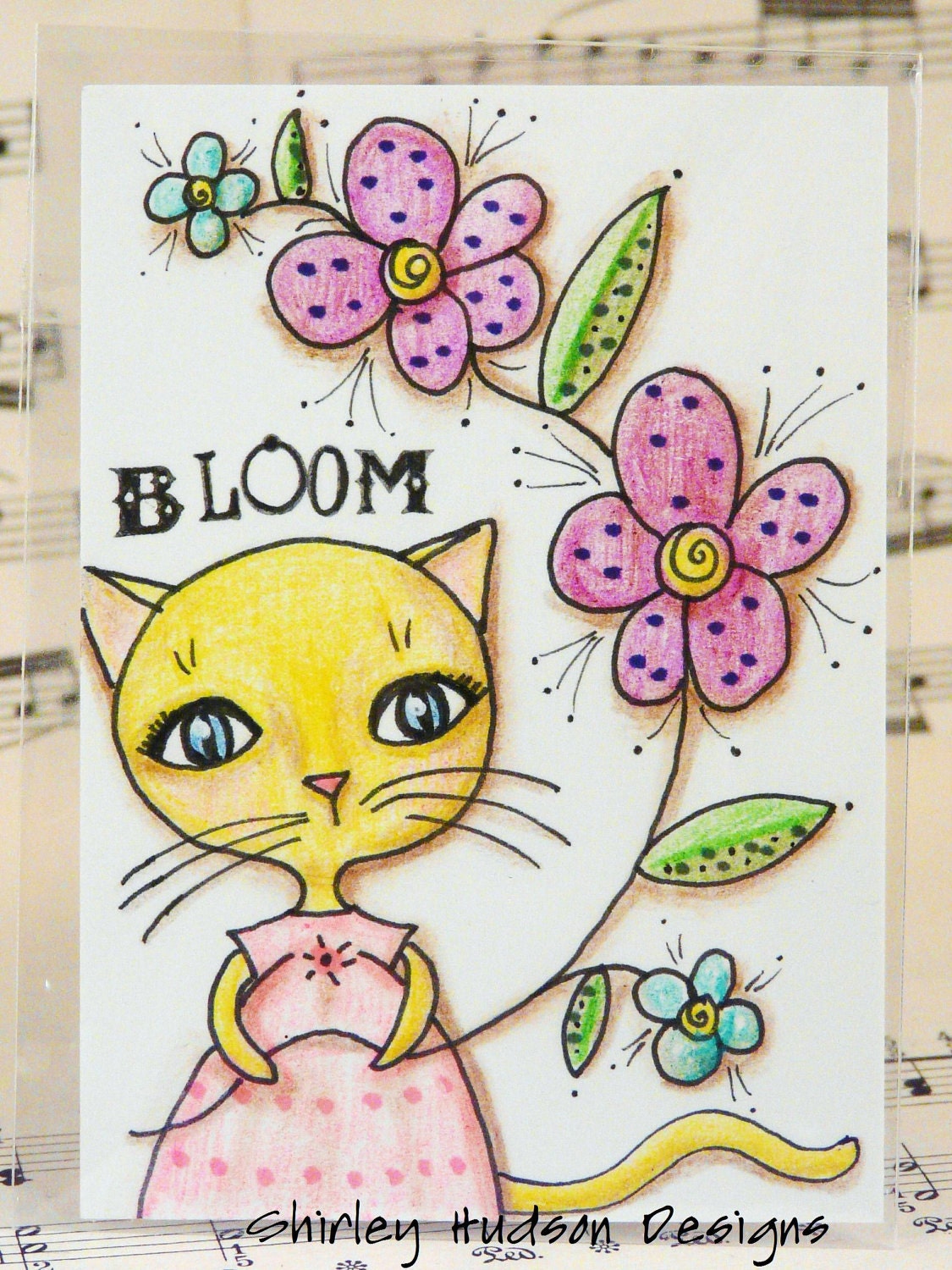 Blooming posies Tabby cat Original ATC card - ACEO watercolor ink painting