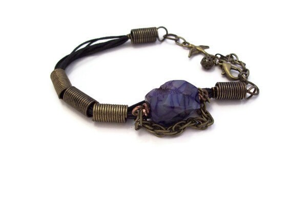 Chunky  purple geode and brass vegan leather gypsy bracelet