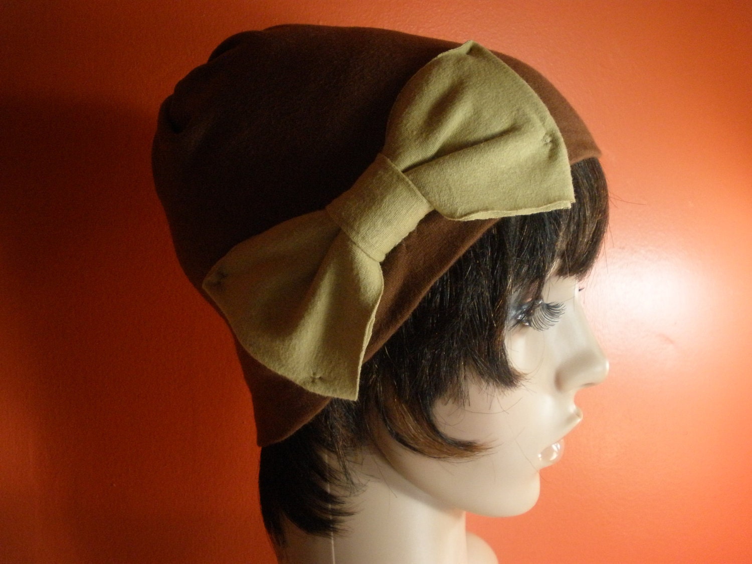 Adorable Soft Brown with Cute Tan Bow Womens Skully Hat/ Skull Cap