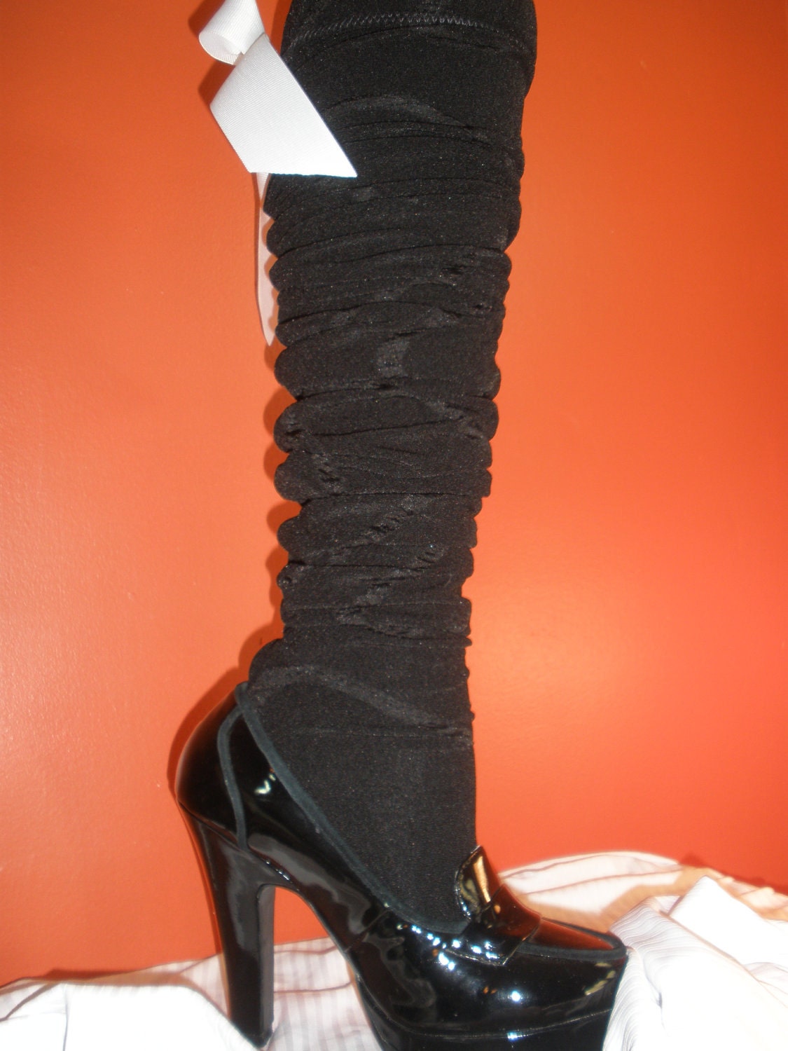 Gorgeous Black Lady Scrunchie Stocking Socks with Cute White Removeable Bow on Back, Thigh High Stockings