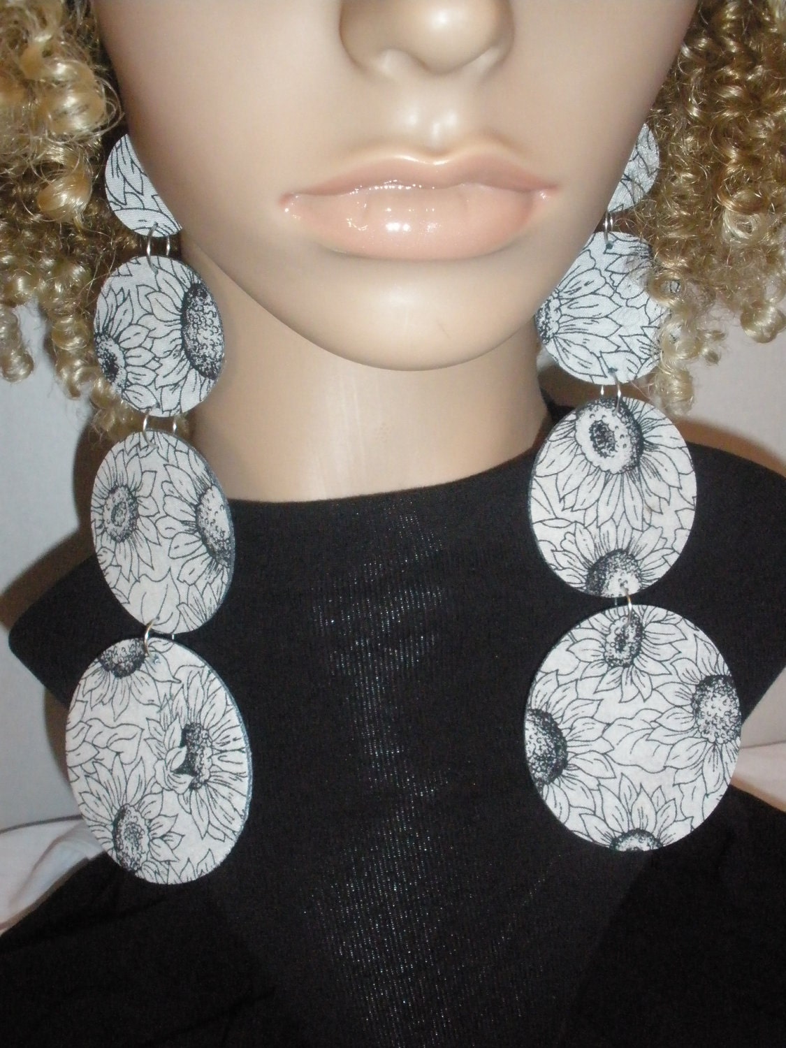 Attractive Long Dangling Black & White Daisies Print Fabric Earrings, Ladies Earrings, Women Earrings, Fashion Earrings