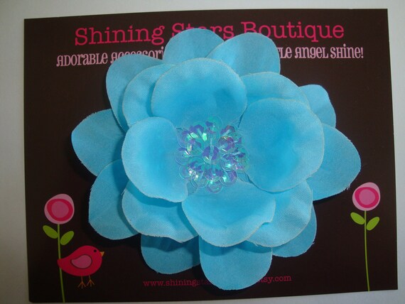 Toddler Hair Accessories - Turquoise Blue Layered Boutique Silk Flower Blossom With Sequin Center