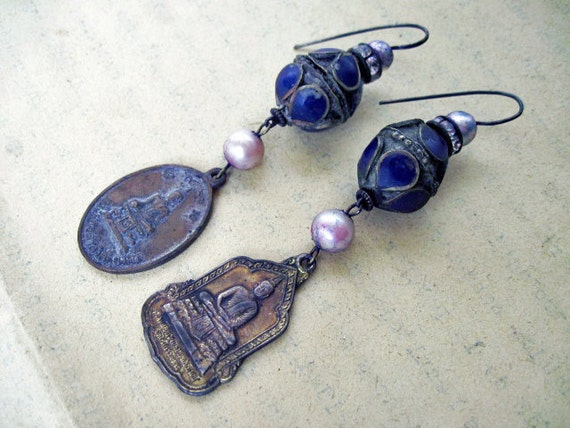 The Aesthete. Victorian Tribal Assemblage earrings with Afghan Beads and Tibetan Amulets.