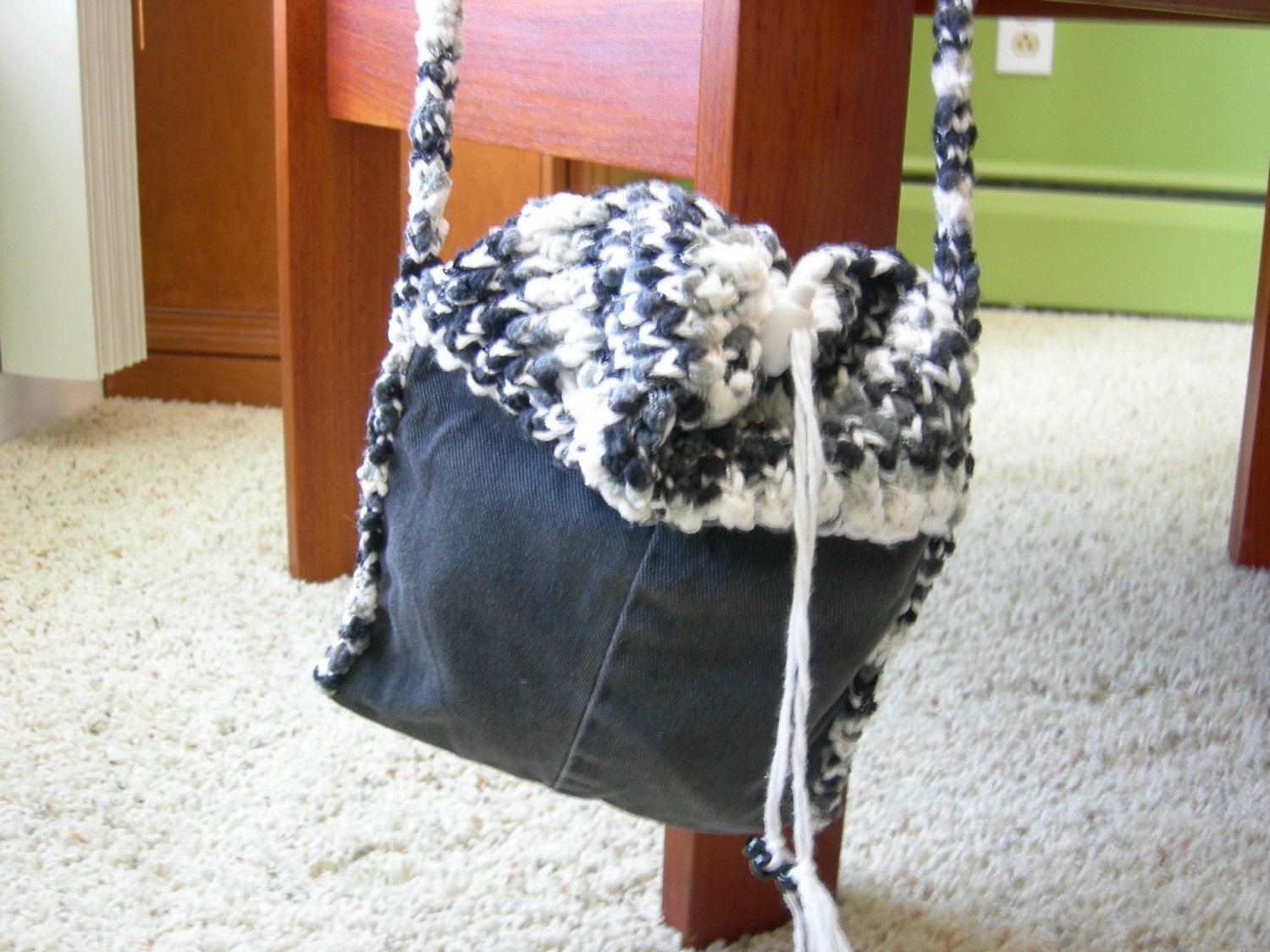 SALE-  Black  Denim Jean Purse with Andes Knit Drawstring Top