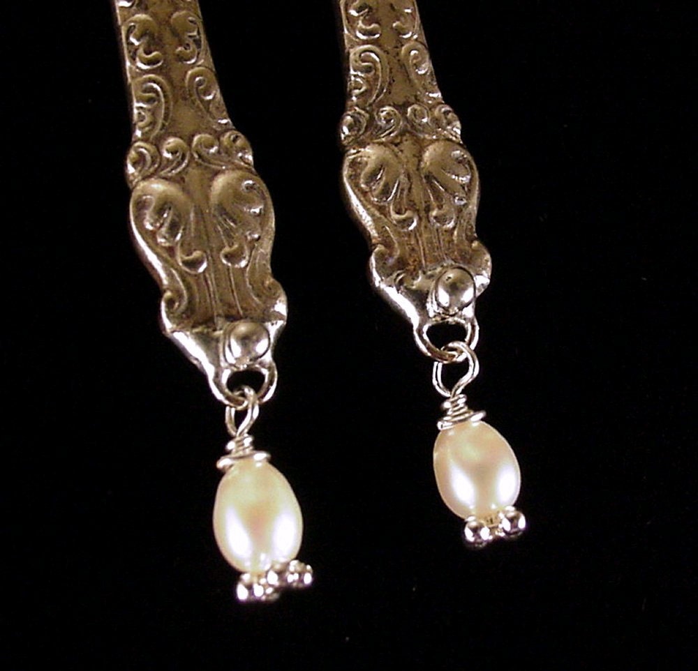 Silver Spoon jewelry Earrings with pearls ornate vintage flatware ooak