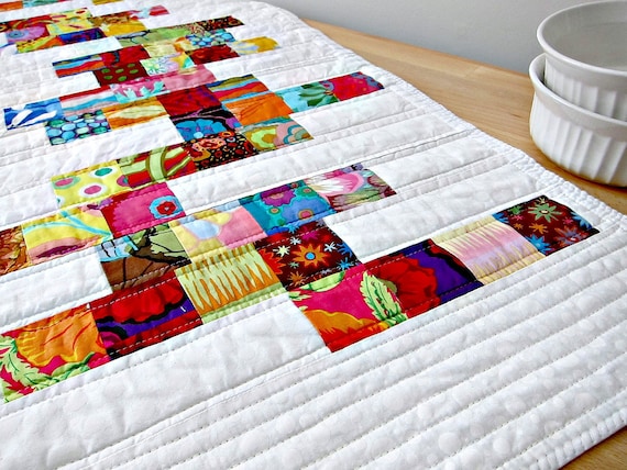 Quilted Table Runner Modern White Bright Colors