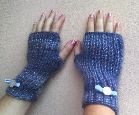 Knitted wrist warmers bleu melange-ooak