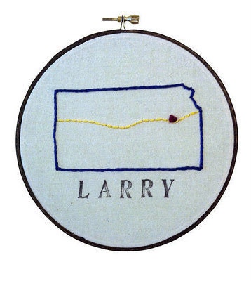 Lawrence, Kansas Map Embroidery Hoop Art. Hand Stamped and embroidered.