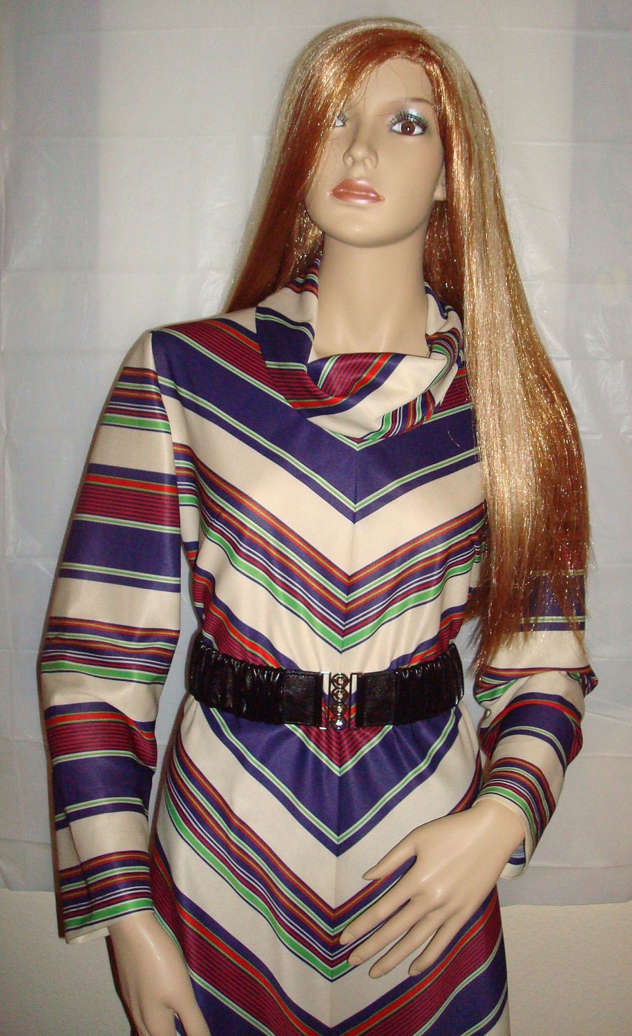 Vintage ANDREA GAYLE Chevron Striped Cowl Neck Day Dress - M/L/Plus
