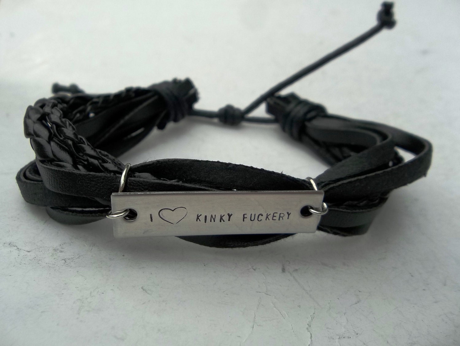 MATURE Fifty Shades I Love Kinky F%ckery Leather Bracelet Hand Stamped Inspired by the Book 50 Shades
