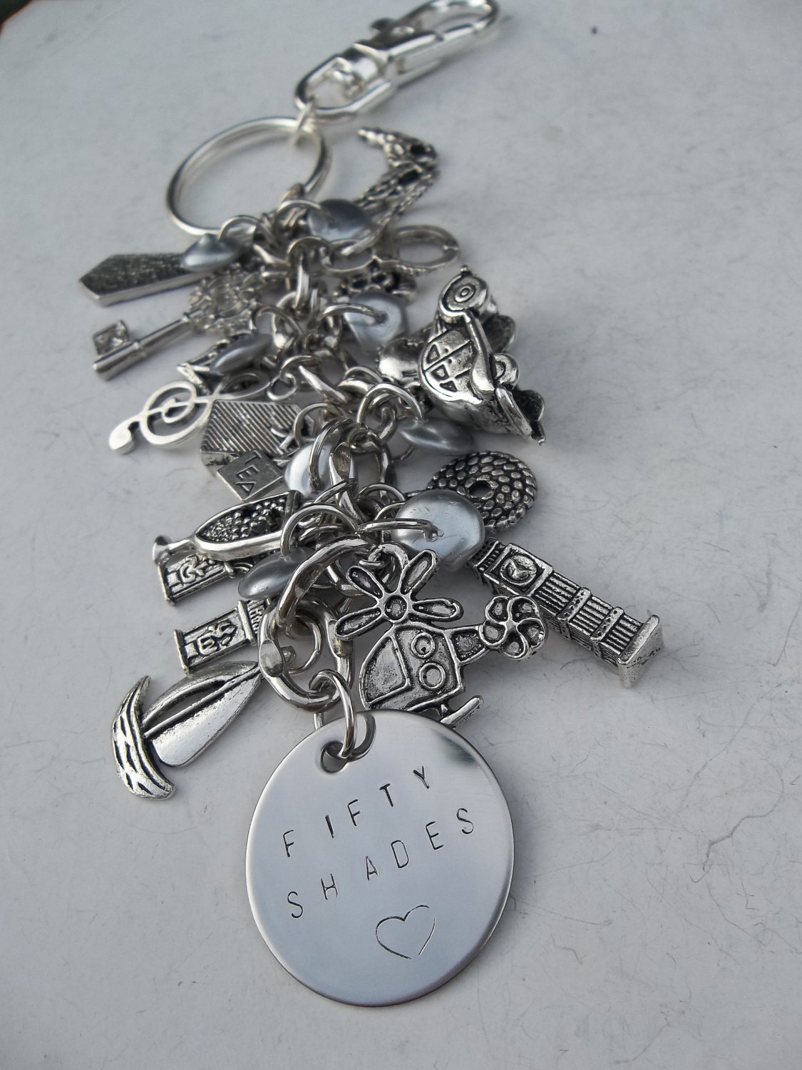 It's All About Fifty Shades of Grey Key Chain & Purse Bag Charm Hand Stamped w/Polished Glass Beads Inspired by the Book 50 Shades