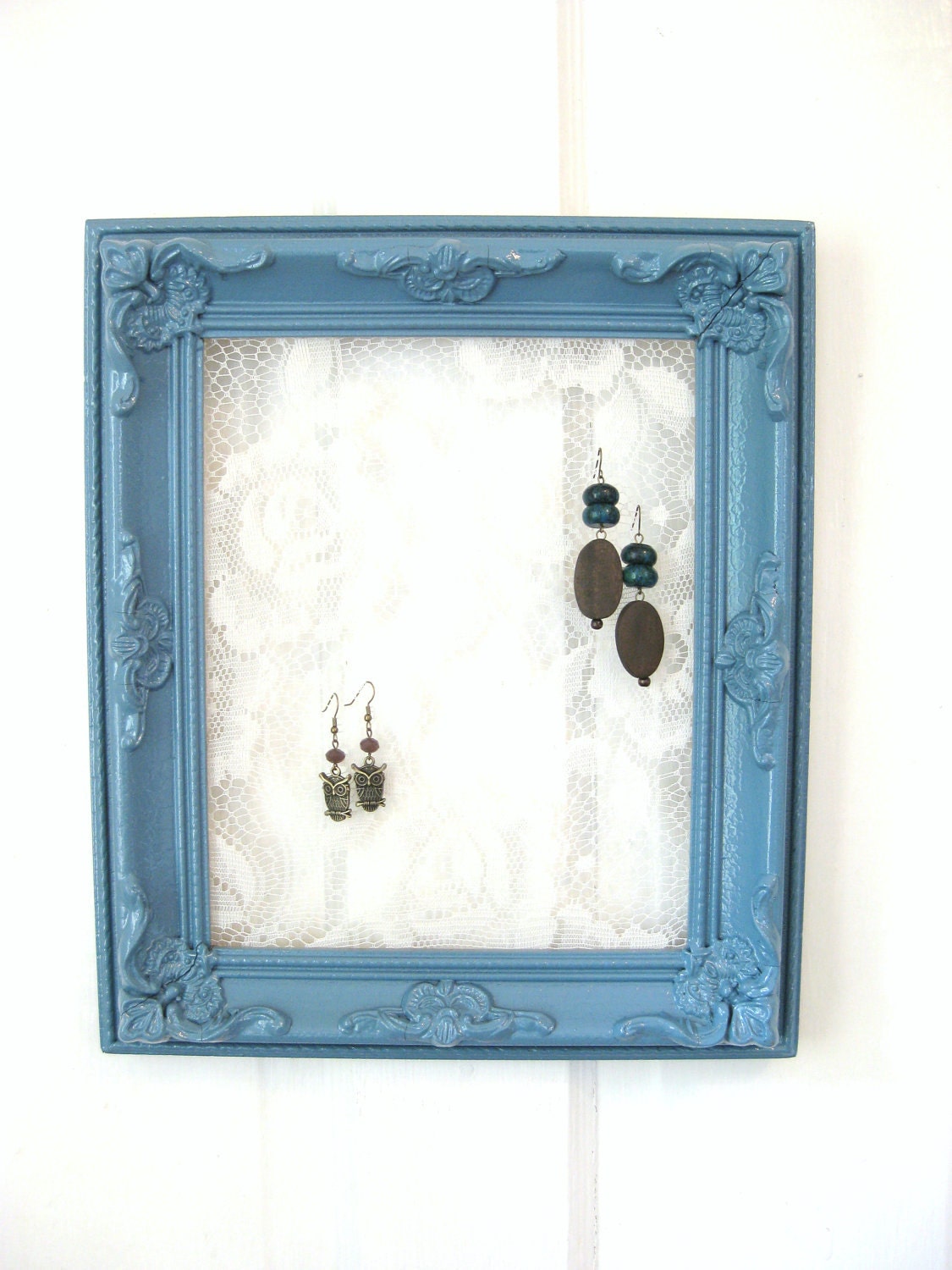 Upcycled Jewelry Frame, Painted Frame, Lace