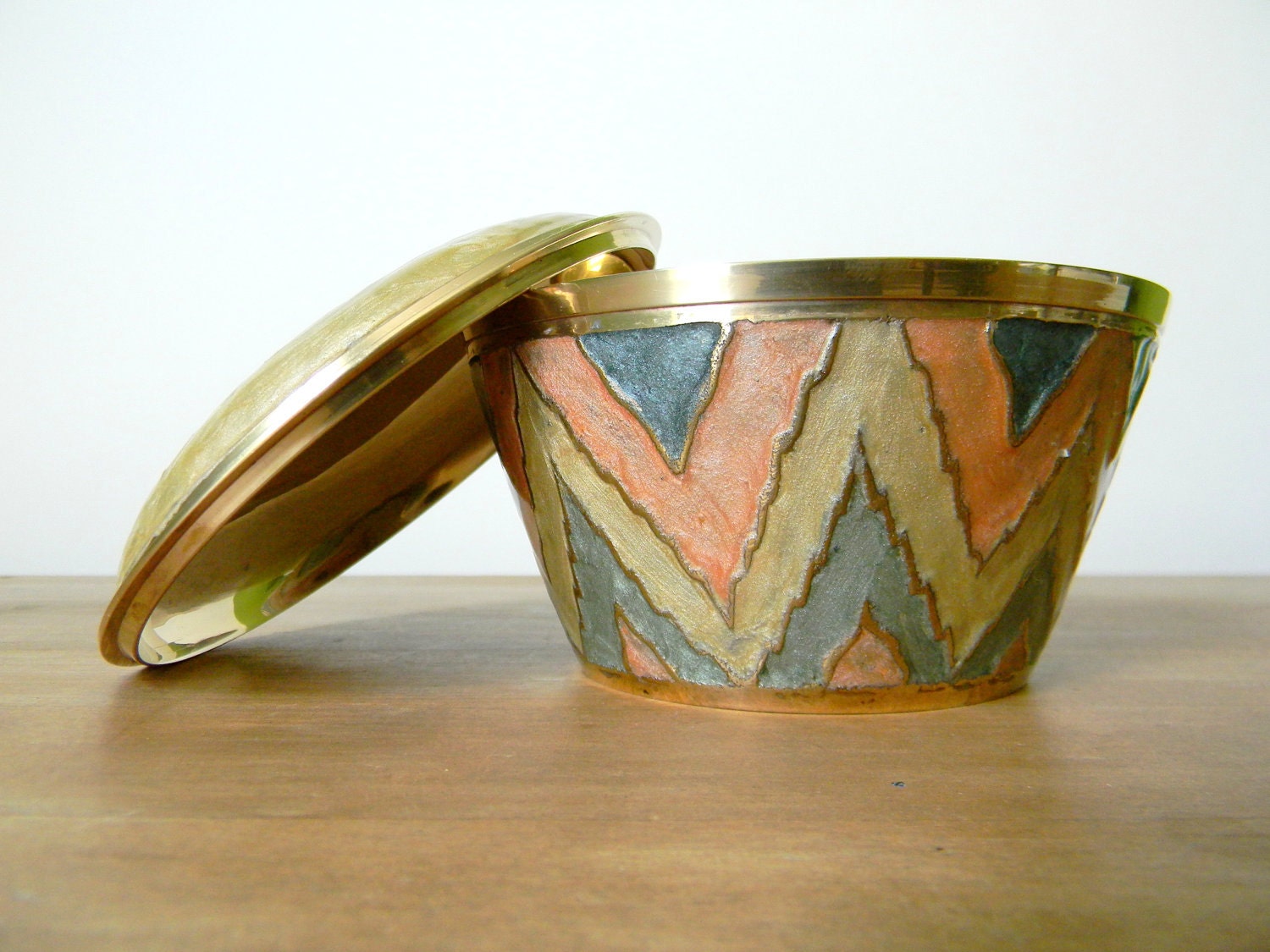Vintage brass and enamel lidded bowl