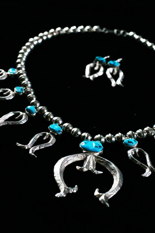 Diné (Navajo) Sterling Silver Tufa Cast Squash Blossom Necklace with Earrings - Sleeping Beauty Turqouise