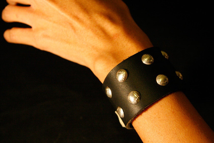 Leather Cuff with Hand-Stamped Sterling Silver Buttons