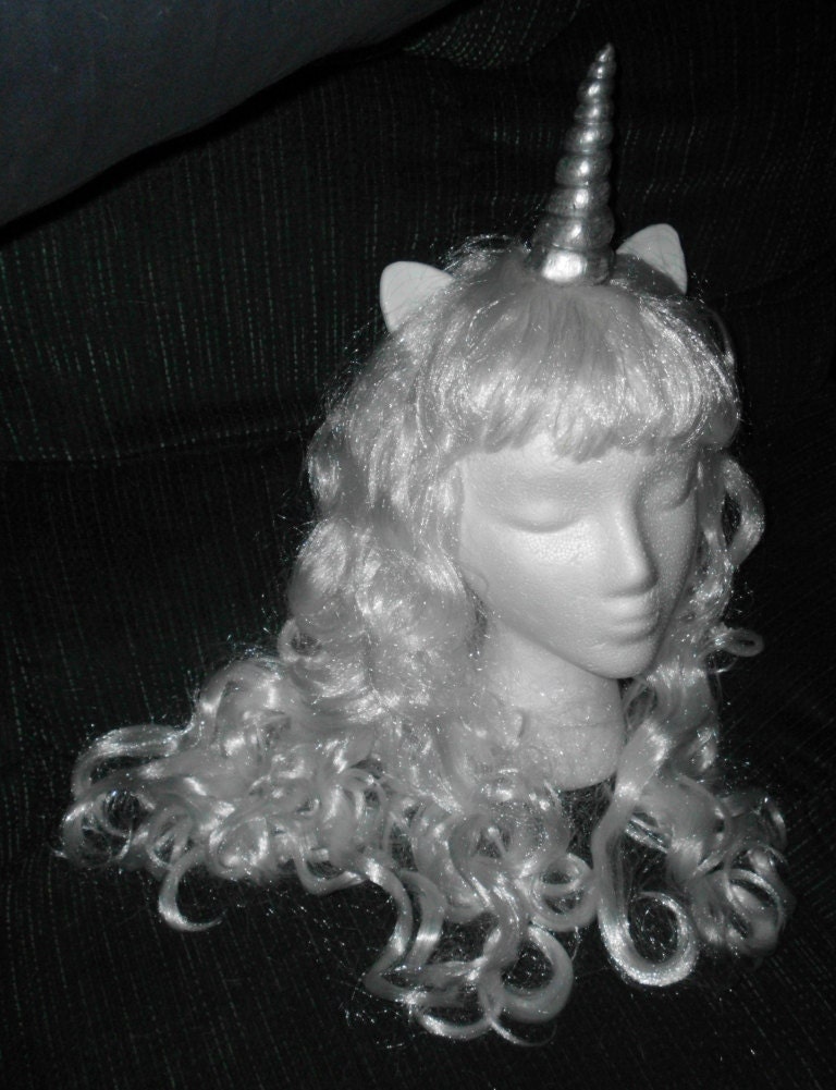 Unicorn wig Unicorn Costume White Wig Silver Horn Long Curly My Little Pony Cosplay  Amalthea The Last Unicorn