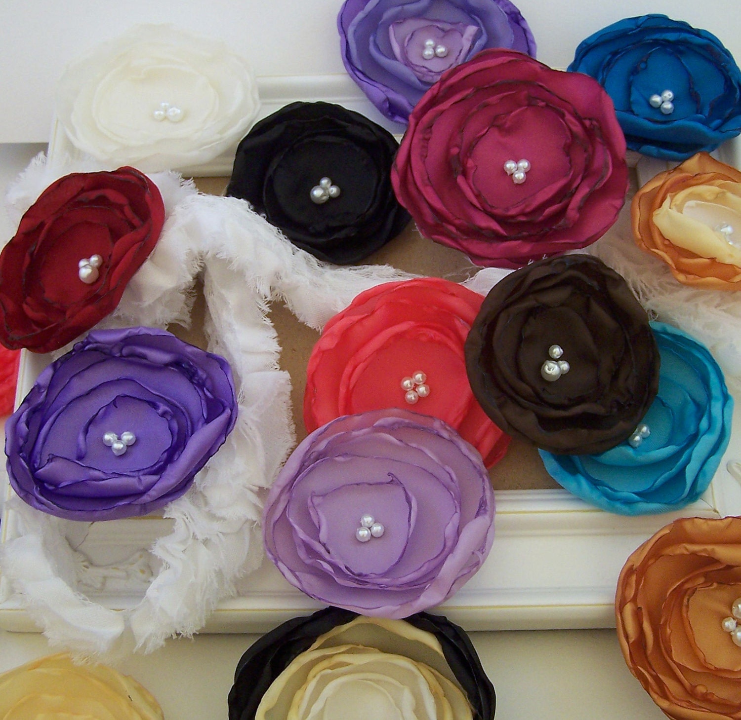 Set of 4 Medium 2.5 - 3 inch Vintage Inspired Fabric Flower Embellishments - You Choose Color
