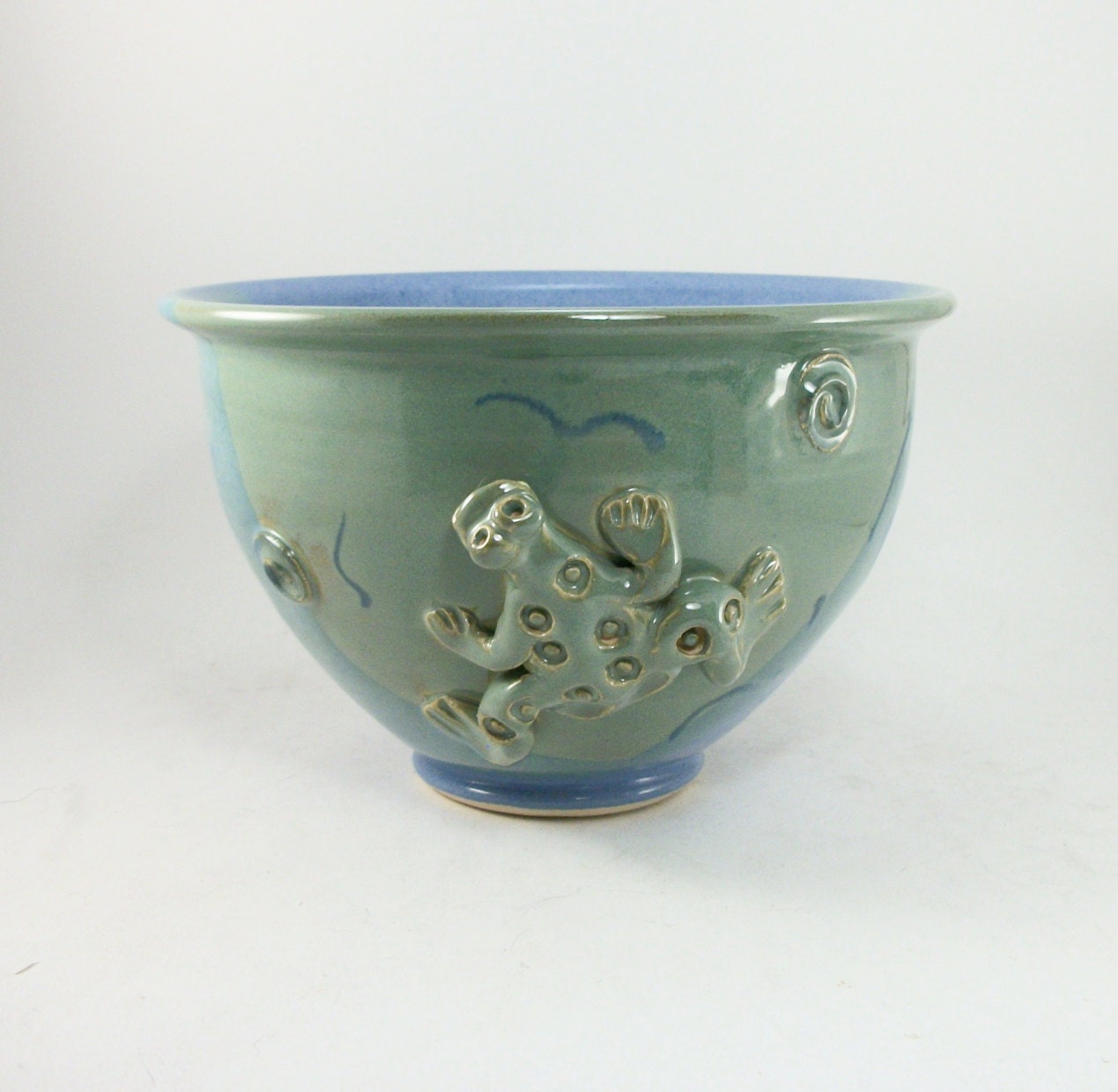 biggish medium sized blue and green bowl with a frog