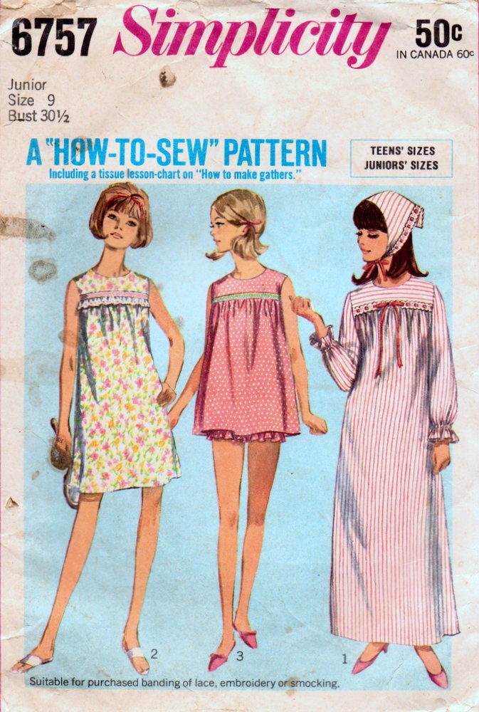 Vintage Sewing Pattern  Simplicity 6757 How to Sew Juniors Night Gowns With Scarf Size 9 Bust 30.5 Inches  Complete