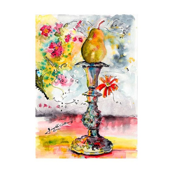 Pear on Candlestick Unusual Still Life Original watercolor and Ink 11 by 15 inch by Ginette