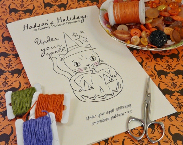 Halloween Witch Cat pumpkin Stitchery E Pattern - embroidery 2012 Pdf Under your spell kitty prim primitive