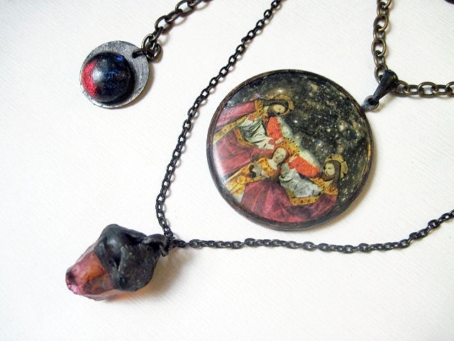 Pain So Deep. Cosmic Victorian Tribal Pendant Necklace with Citrine, Virgin Mary, Cosmic Moon.