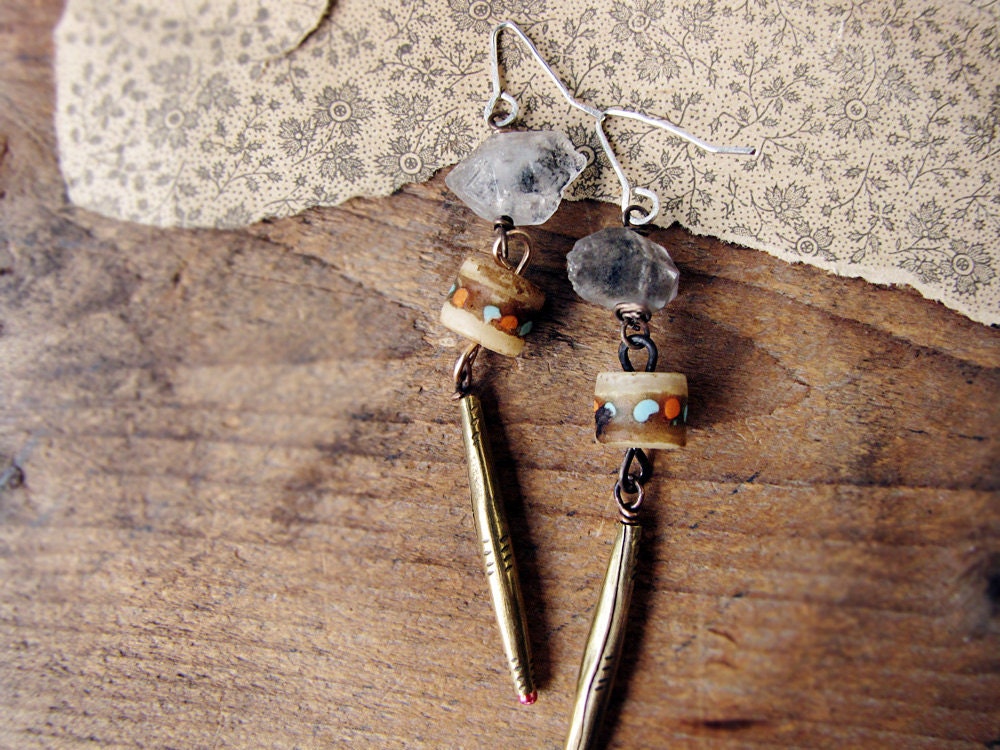 Nazca - rustic artisan earrings - reclaimed brass - quartz crystal - Tibetan mala