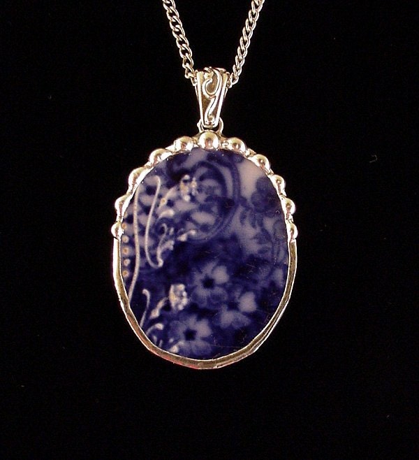 Broken china jewelry necklace pendant Antique 1880's Flow Blue oval made from a broken plate