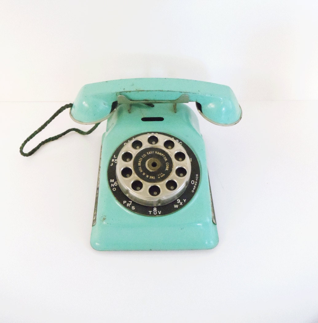 Vintage Tin Toy Rotary Telephone - Turquoise - N.N. Hill Brass Co. - Child's Room Decor