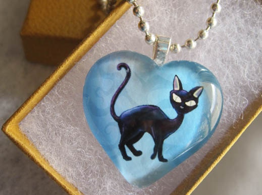 Lucky Black Cat Heart Pendant--Gothic Glass Necklace