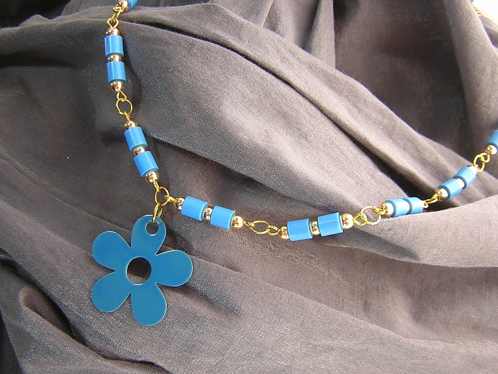 Gold and Blue Daisy Flower Charm and Beaded Necklace Handmade by Rewondered
